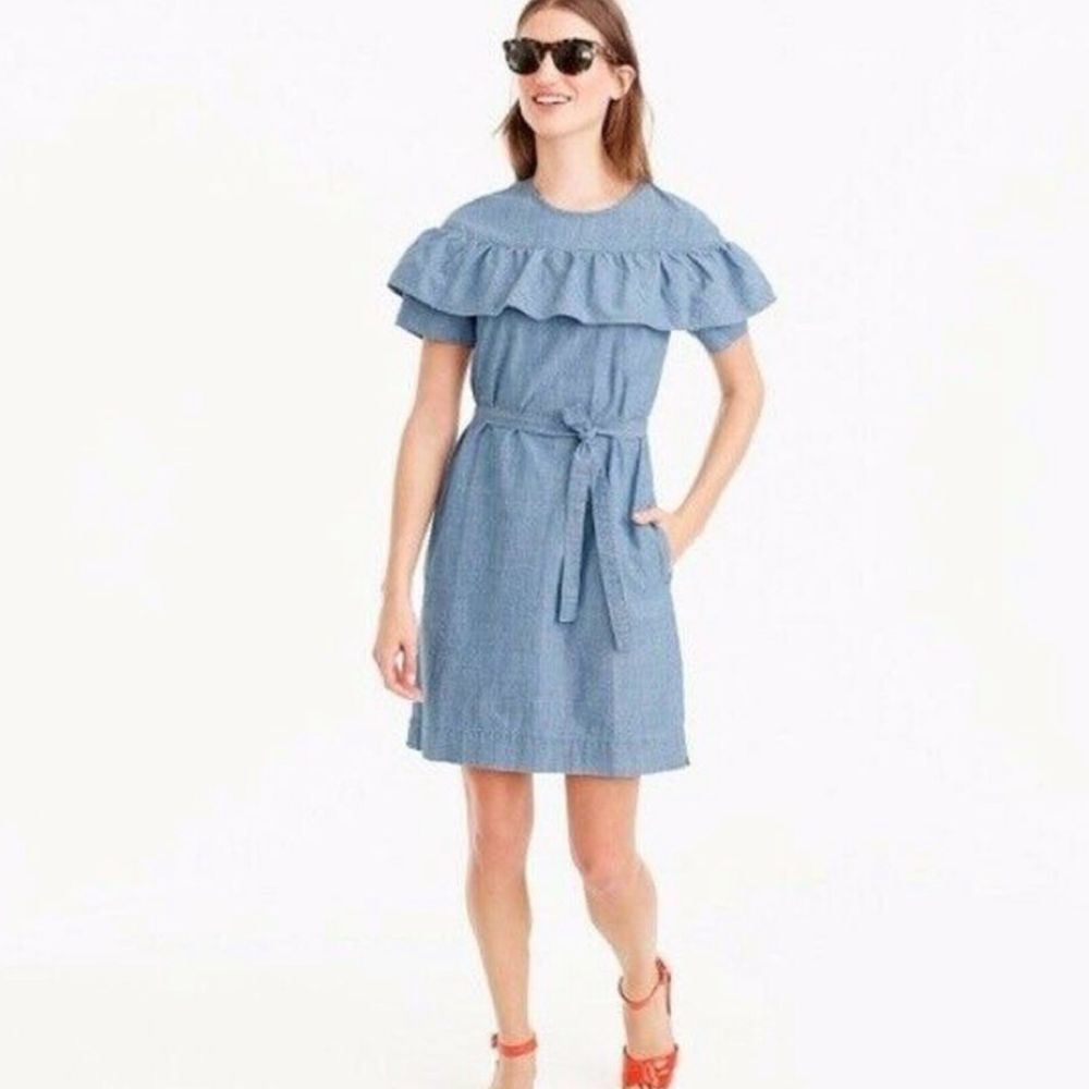 j crew Edie ruffle yoke chambray denim mini sheath dress with belt